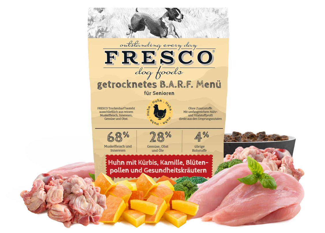 Senioren-Menü Huhn mit Kürbis, Kamille, Blütenpollen und Kräutern